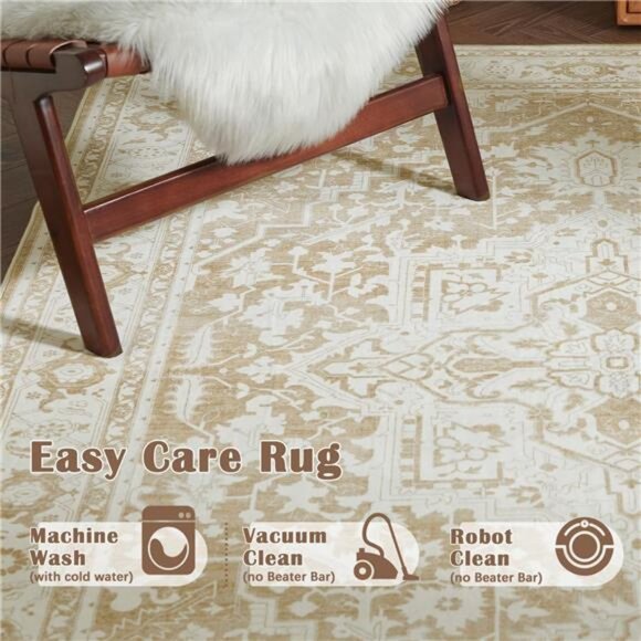 Washable Area Rug 5x7 Low Pile Bedroom Rug Stain Resistant Vintage Rug - Picture 4 of 7